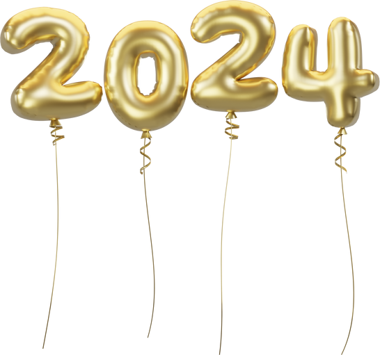 Happy New Year 2024 metallic gold foil balloons.