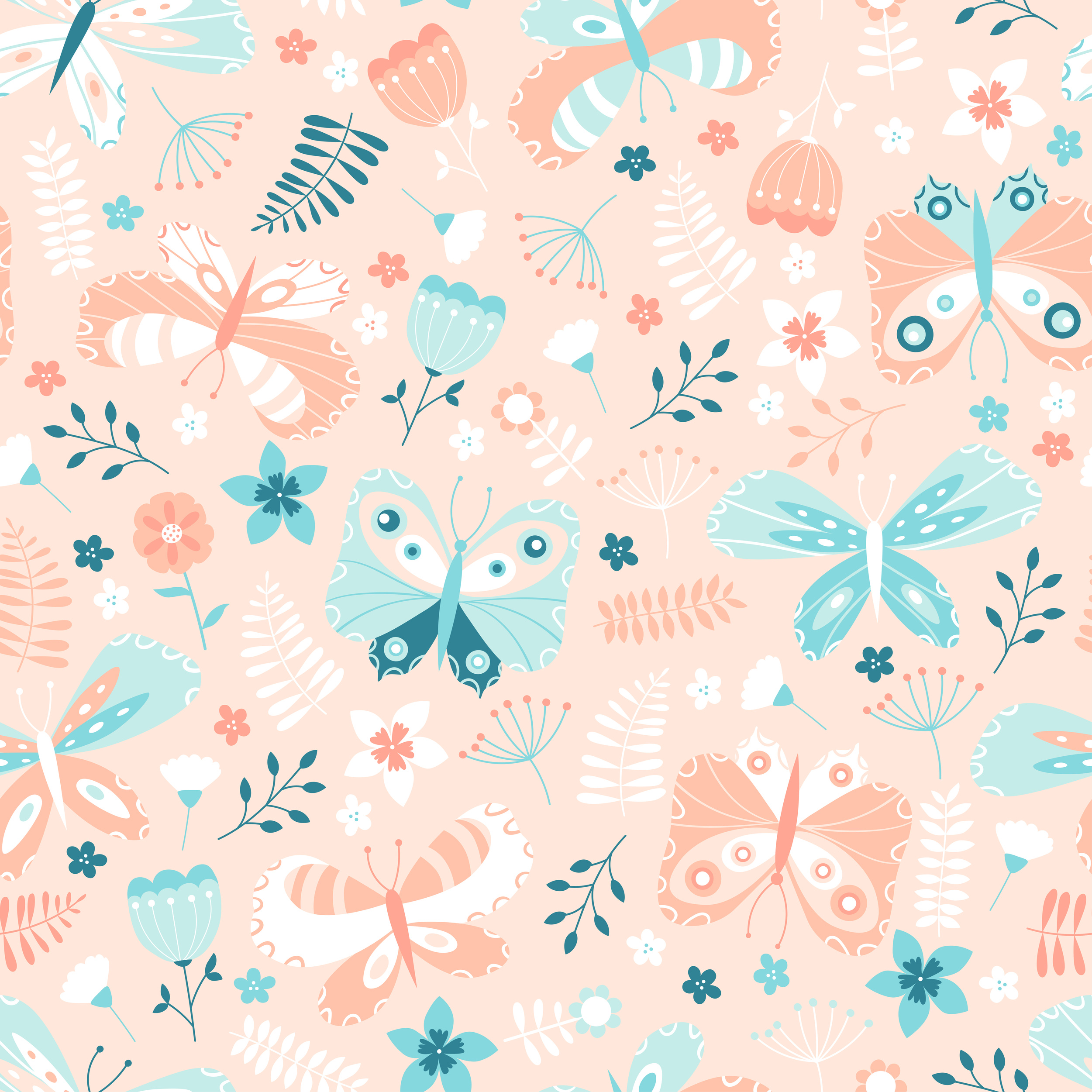 Peach and Blue Butterflies and Flowers Seamless Pattern
